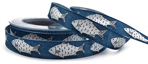 finemark 20 m x 25 mm Dekoband MARITIM Fische Denim BLAU Schleifenband Geschenkband Deko Band Tischdeko Natur Geburtstag Stoffband mit formstabilen Kanten