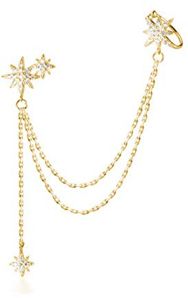 SLUYNZ 925 Sterling Silber Mode Stern Manschette Ohrring Kette für Frauen Damen Wickeln Ohrringe Tropfen Ohrringe Lange Ohrringe Quasten
