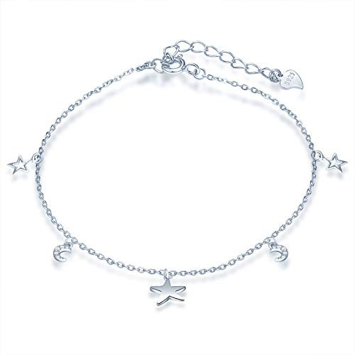 Yumilok Bracelets de cheville en argent 925, bracelet de cheville femme fille, bracelet de cheville étoile et lune, la chaîne d'ancré ajustable, zircon incrusté, bijou élégant