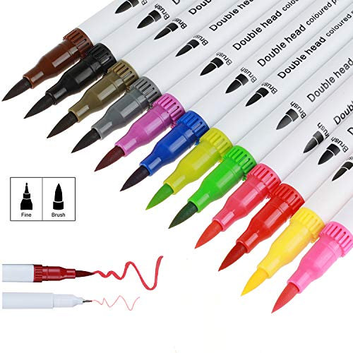 Tioamy Stylo Aquarelle Stylos Pinceaux Pointe de Feutre Fin Double Tête Marqueur 12 Couleurs pour Kid Adulte Coloriage Peinture Rendus Art Manga Bande Dessinée Calligraphie Animation