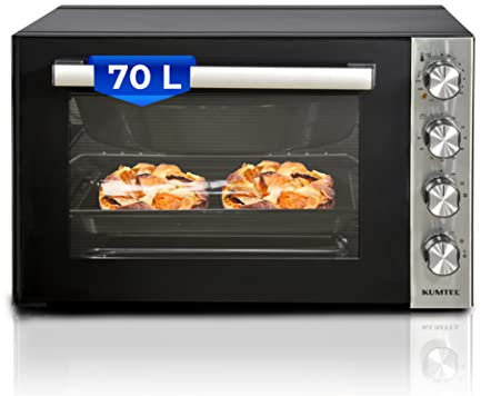 KUMTEL Mini Four, Four à pizza, 70 L - XXL, 2000 W 6 modes de cuisson, Tournebroche, Double vitrage, Max. 270 °C, Fonction minuteur, Revêtement intérieur en granit, Avec plaque de cuisson
