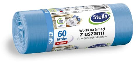 Stella 035151 Bin Liners with Handles for Separating Waste Paper Waste | 60 L | Pack of 14 | Rubbish Bags for Household Waste Office Made of Thick LDPE Regranulate Film Colour: Blue