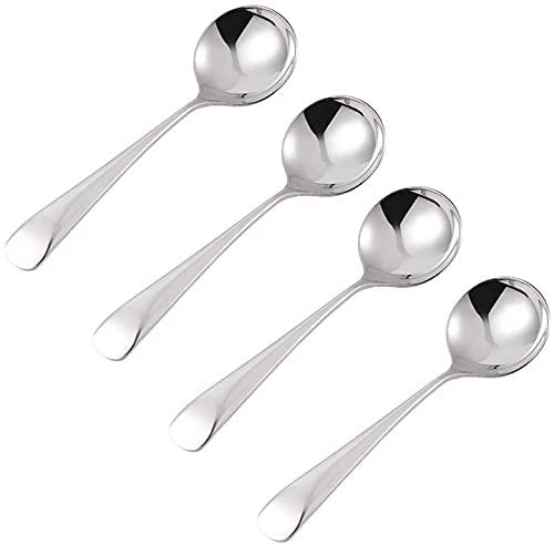 4 Pack Soup Spoons Stainless Steel Round Large Head Bowl Heavy Duty Thick Silver Food Spoons