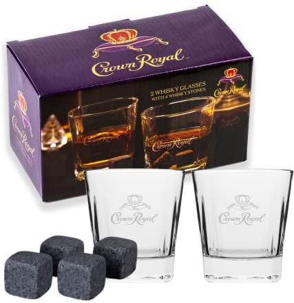 Whiskeygläser 2er Set Krone Royal Whiskey Glas und Stein Set 2 Scotch Gläser und 4 einzigartige kühlende Granit Rocks | Whiskey Stone Geschenkset für Männer Kompatibel