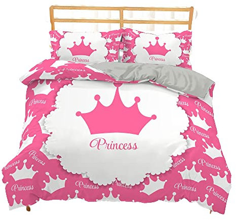 Sticker Superb. Krone Prinzessin Bettwäsche Set Mädchen Junge Mikrofaser 2/3 Teilig Bettbezug Rosa Weiß Bettbezug und Kissenbezug Nicht-Eisen Für Mann und Frau Leicht Ganzjährig (Rosa A,135 x 200 cm)
