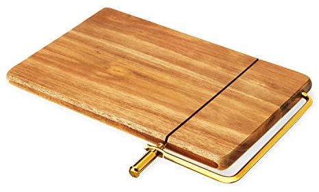 Twine Slicing Board, Acacia Wood with Gold Built-in Slicer, 10 by 7.5, Cheese Service, Entertaining Gift Set, Set of 1, Natural
