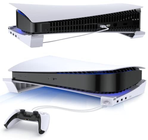 FASTSNAIL Horizontal Stand for PS5 with 4 USB Extension, Cabinet Console Laydown Holder with Charging Data USB Hub, Accessories Stand Compaitble with Playstation 5 Disc & Digital Edition Console
