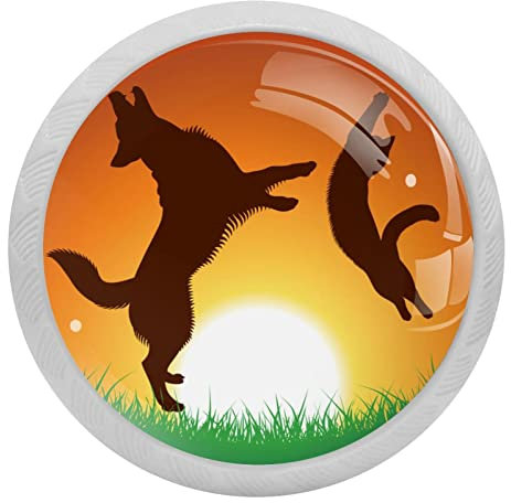 Schubladenknäufe mit Katze und Hund, die im Sonnenuntergang springen, Kommoden, Türgriff, Schrankgriff, Küchenschrankknäufe für Kommoden, Schubladen, 4 Stück