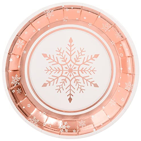 Horeca Collection 6 Unidades - Platos Desechables Cartón de Ø 23 cm con Temática Navideña y Diseño de Copo de Nieve Oro Rosa. Platos Biodegradables Navidad, 100% Reciclables Celebraciones y Eventos.