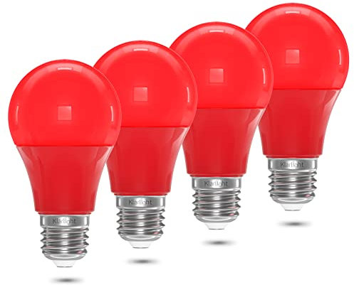 Klarlight 9W E27 Bombillas LED de Colores, 9w, A60/A19, Incandescente, Rojo, E26, 720LM (4 Pack) Lámpara Decorativa para fiestas, escenas, decoraciones interiores