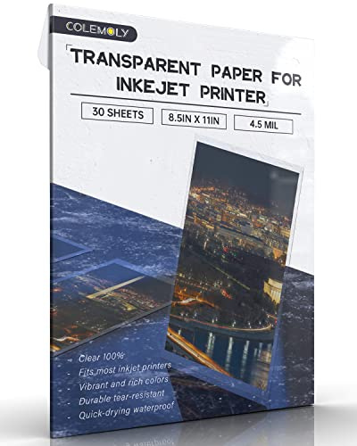 Colemoly Transparentes Papier, 30 Blatt Tintenstrahl-Transparenzfolie, Tintenstrahldrucker (100 % klar), Acetat-Blätter, klares Papier, 21,6 x 27,9 cm, für Bastelarbeiten, Premium-Druck