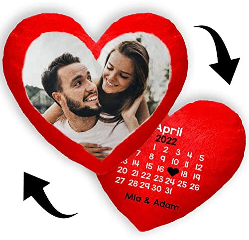 PERSONALISIERTES Kissen (35 x 40 cm) in Herz Form DOPPELSEITIGES Kissen MIT Foto, Text, Kalender und QR; Flauschiges Minky; Zum Valentinstag, Hohzeitstag, Jahrestag [091]