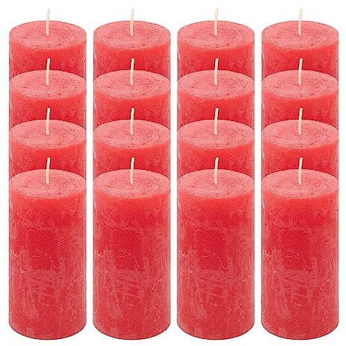 Rustik-Kerze Höhe 10 cm Ø 5 cm lange Brenndauer Rund-Kerze Säulenkerzen Kerzen-Deko Tafelkerzen Weihnachts-Kerzen Hochzeits-Deko (rot, 16)