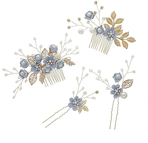 4 Stück Braut Haarschmuck Hochzeit,Hochzeit Haarspangen U-förmig Clip Haarspangen Blumenperle Braut Haarschmuck Brautjungfernschmuck Braut Haarnadelklemmen für Frauen und Mädchen Abschlussball,Blau