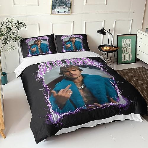 GIOSBR Justin Bieber 3D Gedruckter Bettbezug Set Bettwäschegarnitur Für Kinder Mädchen Jungen Bettwäsche Und Kissenbezüge Weich Microfaser Reissverschluss 3 Teilig King（220x240cm）