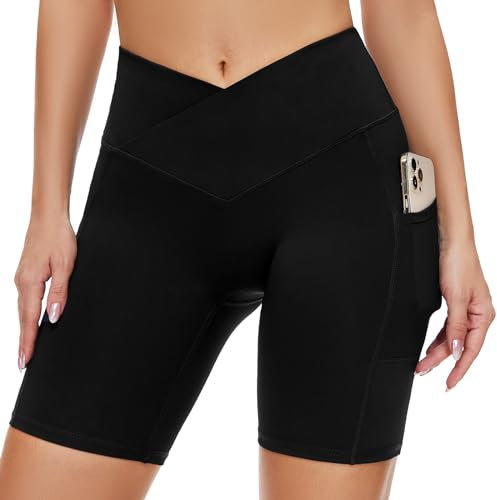 SIMIYA Radlerhose Damen Sporthose Kurze Leggings High Waist mit Tasche Unterhosen V-förmiges Design Sommer für Yoga Gym(Schwarz V-förmiges,M)