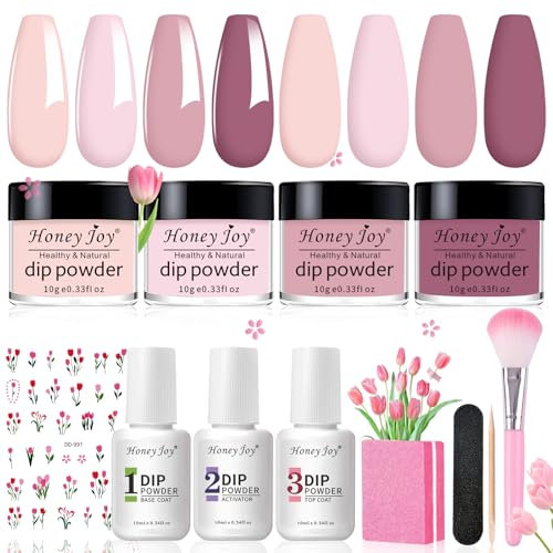 Honey Joy Dip Powder Nail Kit Starter, 4 Colors Light Pink Nude Skin Tone Dipping Powder Liquid Set with Base Top Coat Activator for Nail Art Manicure Salon DIY No LED Nail Lamp Needed, Dip-7pcs-05…