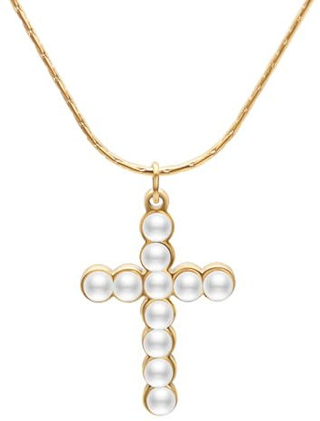 Aleasha Kreuz Perlenkette Damen Perle Anhänger Kreuz Kette Choker Mädchen Kurze Halskette Gold Weiße Perle Weihnachten Schmuck Geschenk