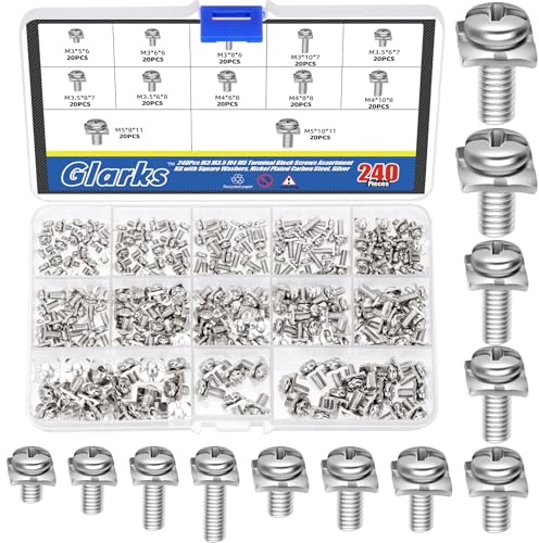 Glarks 240pcs M3 M3.5 M4 M5 Terminal Block Screws with Square Washers Sets 12 Sizes Nickel Plated Carbon Steel Terminal Block Pan Head Screw and Square Washer for Fix Wires