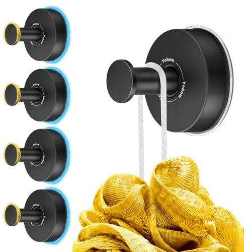 YOHOM Gancho Ventosa para Toallas Colgador Ventosa de Baño Toallero ventosa Fuerte de Acero Inóxidable Toallero con ventosa de Ducha Cocina de Pared Sin Taladro Mate Negro, 4 Piezas