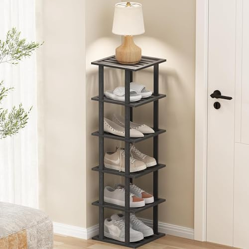 HOMREALM Bambus-Schuhregal für kleine Räume, 6 Etagen, hohes, vertikales, schmales Regal für Schrankeingang, Eckgarage, schlankes stapelbares Schuhregal für praktische Schuhorganisation, Schwarz
