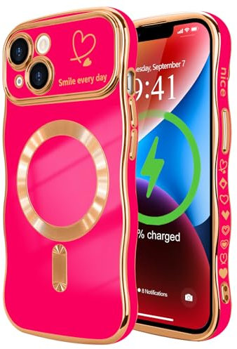 LCHULLE Cover magnetica per iPhone 14 Custodia [Compatibile con Magsafe] cuore forma di ricciolo ondulato Cover Protezione Fotocamera galvanizzato Custodia per iPhone 14 Rosa rossa