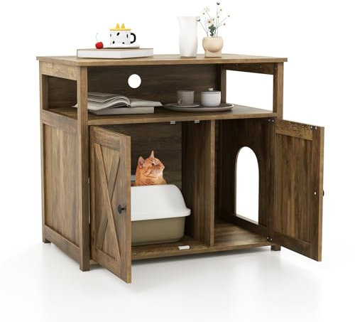 COSTWAY Cat Litter Box Enclosure, Wooden Kitty Hidden Washroom Toilet with Double Doors, Side Entrance & Middle Compartment, Indoor Cats House Cabinet End Table Nightstand for Bedroom Living Room