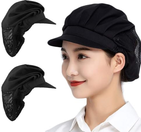 MIRKUZI Gorros de cocina desechables Paquete de 2 gorros de chef para cocina, panadero, gorro de chef, gorro de chef, servicio de catering, red para el cabello(negro)