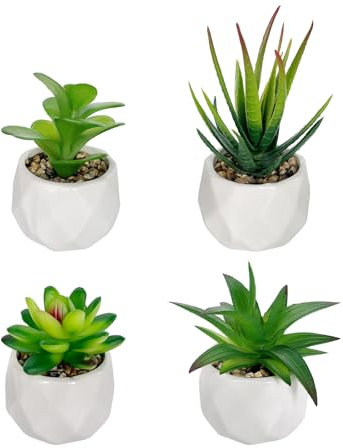 ManyuGas Artificial Plant Indoor in White Ceramic Pots, Small Fake Plant Artificial Succulent For Window Office Balcony Bathroom Decoration