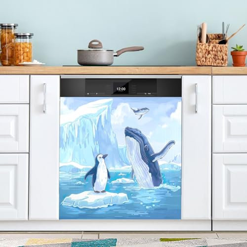 Spülmaschinen-Magnetabdeckungen, Pinguin-Wal im Ozean, Küchendekoration, Kühlschrank-Magnetabdeckung, 58,4 x 66 cm