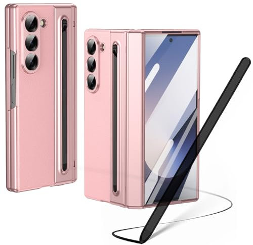 Custodia per Galaxy Z Fold6 con penna stilo, custodia per Fold 6 con protezione per lo schermo + slot per S Pen, custodia in pelle per Samsung Galaxy Z Fold6 con cerniera-Rosa