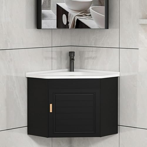 Pounjsd Lavabo de Esquina con Armario, Set Completo Lavabo/Fregadero de Pared 38cm, Lavabo esquinero pequeñc,Mueble de baño esquinero para Baño, Caravana, Cocina y Talleres, Negro