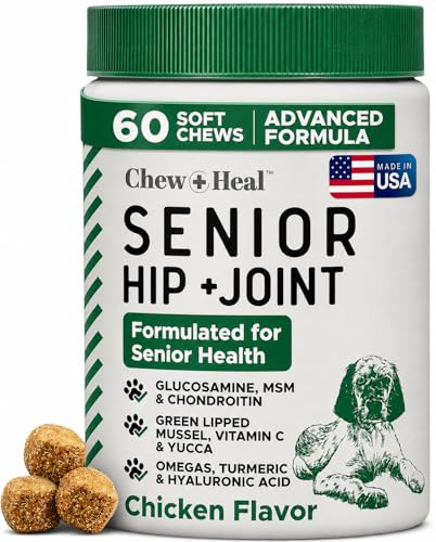 Chew + Heal Labs Glucosamine for Dogs – Hip and Joint Supplement for Senior Dogs – 60 Soft Chews for Mobility Support – With Glucosamine, MSM, Chondroitin & Green Lipped Mussel