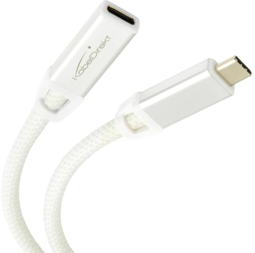 KabelDirekt – USB-C-Verlängerung – 1m – 4K, 10Gbps, 100W, Weiß | USB-C-Verlängerungskabel (Stecker auf Buchse) – 4K-Video, 10Gbit/s, 100W – Daten-/Lade-/Monitorkabel