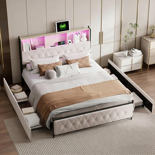 Yeutre Doppelbett 180 x 200 cm, mit LED-Kopfteil und USB, Bett Beige mit 4 Stauraum Schubladen, Jugendbett Bettgestell mit Lattenrost, Samt, ohne Matratze (Beige, 180 x 200 cm)