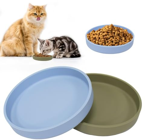 HSIGIO Silicone Cat Bowls Whisker Friendly, Flat Wide Pet Food and Water Bowl, Non-Slip Durable Cat Dishes Kitten Plates for Indoor Outdoor Cats, Set of 2