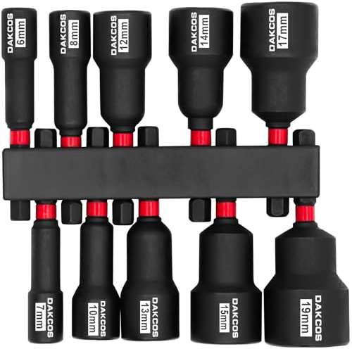 DAKCOS Juego de 10 llaves de vaso, 6-19 mm, juego de adaptadores de vaso hexagonal, apto para herramientas de mango de destornillador eléctrico, CR-V