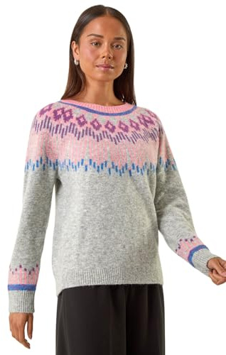 Roman Fairisle Jumper for Women UK Ladies Stretchy Winter Autumn Sweater Casual Knit Knitwear Knitted Pullover Comfy Soft Thick Lightweight Dinner Party Office Work - Petite Fairisle Grey - Size 10