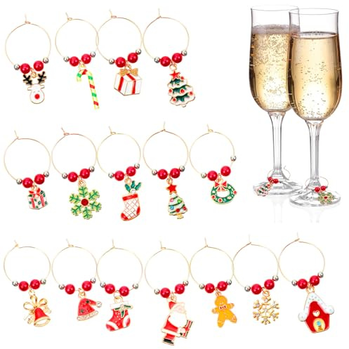 Christmas Wine Glass Charms, 16Pcs Christmas Wine Glass Markers Drink Identifiers Wines Charms for Stem Glasses, Funny Wines Glasses Charm Rings Enamel Winess Tasting Party Favors Holiday Decorations
