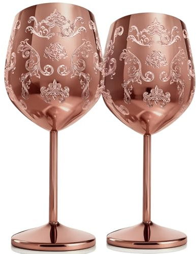 Livole Rotweingläser aus Edelstahl, Weinglas mit Gravur Muster, Gläser set Geschenk Geburtstag Weihnachten, Unzerbrechlich Weinglas für Party, Camping, Picknicks, 550ml 18oz, Roségold, 2er Pack
