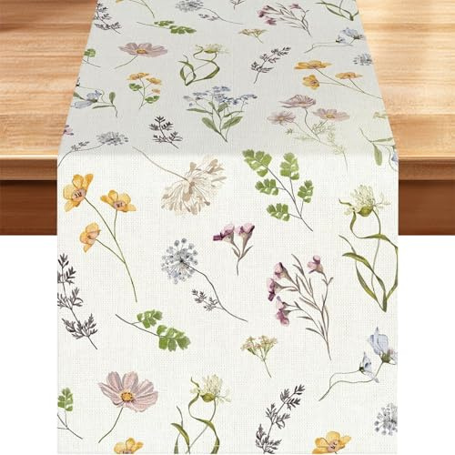 Tischläufer Leinen Blumen Frühlingsdeko 183×33 cm, Table Runner Modern Für Frühling Sommer Herbst, Abwaschbar & Wetterfest, Frühlingsdeko Innen Für Esstisch Küche Familie 