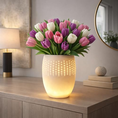 LED Porzellanvase Weiß 20 cm mit 6h Timer – wasserdichte Blumenvase mit warmweißem Licht für frische Blumen, Wohnzimmer & Tischdeko