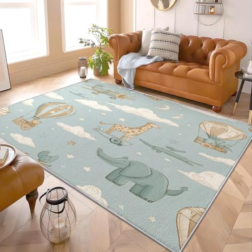 Cartoon Themenmuster Flanell Kurzflor Teppich 80x150 cm Teppich mit Rutschfestem TPR-Rücken Blau Weich Maschinenwaschbar Moderner Antirutsch für Wohnzimmer Schlafzimmer