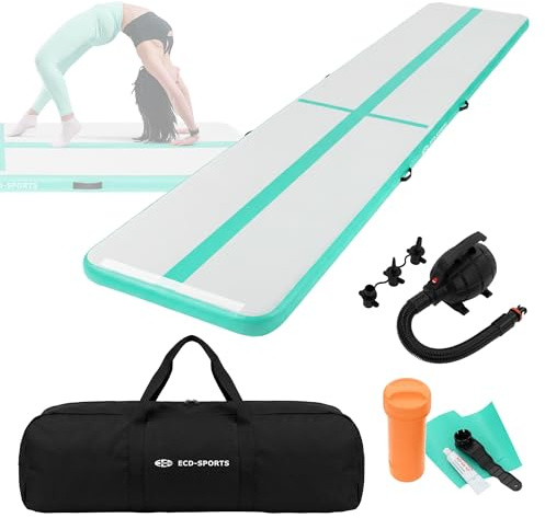 ECD Germany Aufblasbare Gymnastikmatte Airtrack 5m, Mint-Grün, 10cm Dicke, Yogamatte Turnmatte Fitnessmatte Trainingsmatte Tumbling Matte Pilatesmatte Sportmatte, inkl. Tragetasche & elektr. Luftpumpe