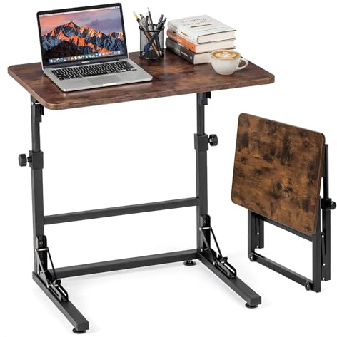 COSTWAY Folding C-Shaped Side Table, 60x39x51-66cm Height Adjustable Bedside Sofa End Table, Industrial Metal Frame Couch TV Tray Tables Laptop Desk for Small Space, Living Room, Bedroom, Rustic Brown
