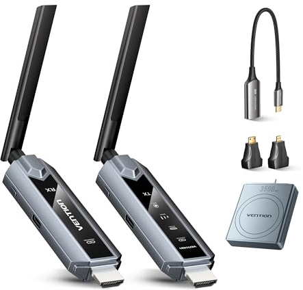 VENTION Wireless HDMI Transmitter and Receiver 656FT with LED Screen, Heat-Control, Plug & Play Extender Kit for PC/Projector/TV Box (1TX+1RX) and 3500mAh USB-C 12W Power Bank
