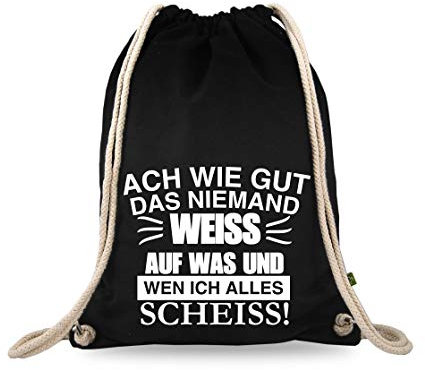 Turnbeutelliebe® Turnbeutel mit Spruch - ACH wie gut DASS niemand Weiss - Baumwolle schwarz - Sportbeutel - Rucksack - ca. 12 Liter - 37 x 46 cm