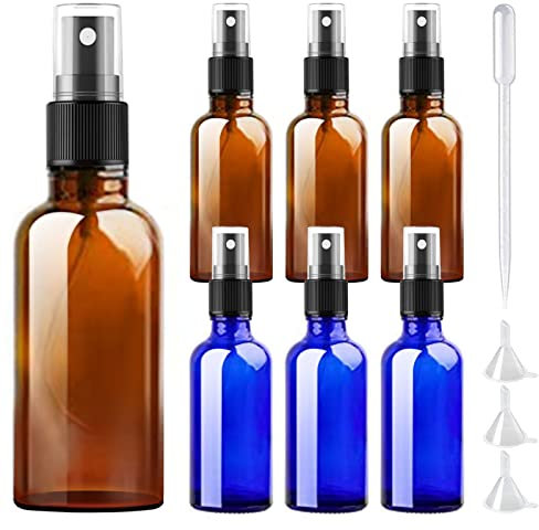 DONQL 6Stück Glas Sprühflasche Klein Flüssigkeitssprühflasche Spray Flaschen mit Feinen Nebel Glas Spray Bottle 50ml für Reiseflüssigkeit Kosmetik Zerstäuberflasche(Blau und Braun)