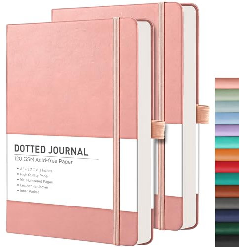 RETTACY Bullet Dotted Journal 2 Pack – A5 Dotted Grid Journal Notizbuch mit 160 Seiten pro Packung, 120 g/m² Premium säurefreies Papier, Leder-Hardcover, Gesäßtasche, 14 x 21 cm (Rosa und Rosa)