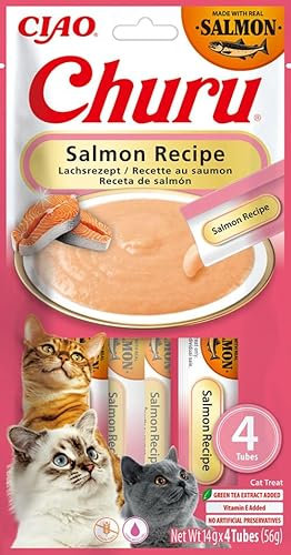 Churu Sticks by INABA Cat Treat - Salmon - 1 Pack (4 x 14g) / Soft & Creamy Cat Treat, Delicious & Healthy Snack, Likable Stick, Hand Feeding, Natural, Grain Free, High in Moisture
